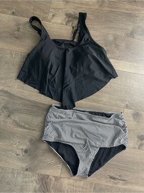 Women’s Black Flounce Swim Top with Black & White Stripe High-Waist Bottoms